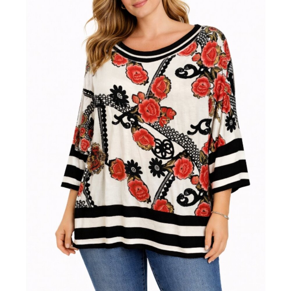Katherine Barclay Women's Black and Red Floral 3/4 Sleeve Tunic Top Oversized XS